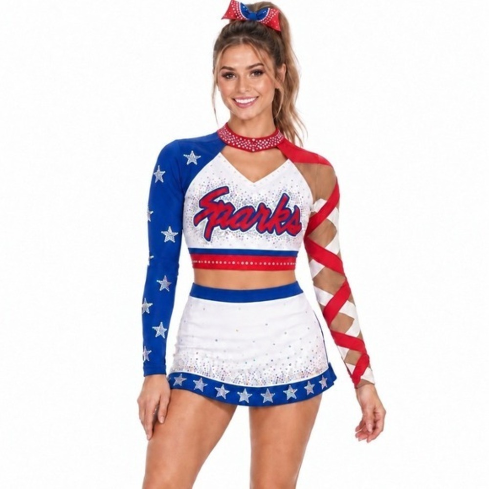 GK Elite Girls AS Cheerleading Uniform Set Sparks Red White Blue Rhinestone Star